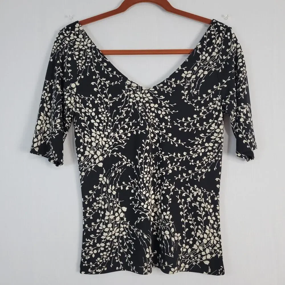 Vintage Y2K V-neck Floral Top sz M Black Ivory Whimsigoth Fairy Grunge Romantic